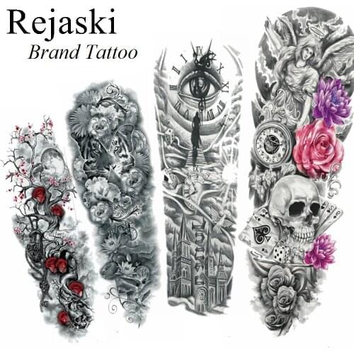 Black Tiger Flower Temporary Tattoo Church Women Big Clever Eye Fake Tattoo Stickers Full Arm Waterproof Tatoos Men Body Leg Art
