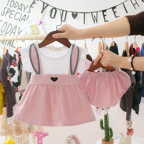2PCS Newborn Clothes Set Summer Sleeveless Cute Bunny Rabbit Ear Tops Dress+Shorts Toddler Baby Girl Clothes Infant Kids Outfits