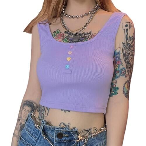 Fashion Women Slim Sexy Tee top club clothes Ladies Solid Sleeveless Stretch Crop tops Summer Buttons Basic Casual Tank tops