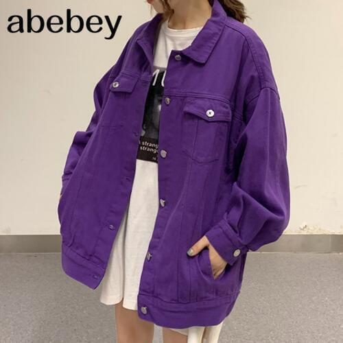 Streetwear Oversize Denim Jacket For Women Casual Candy Color Purple Bomber Jeans Coat BF Style Loose Outwear tops A9025
