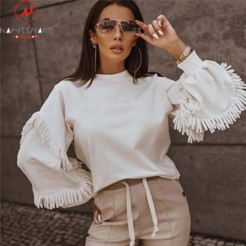 Fashion Women Solid Color Hoodies Patchwork Design Tassel Decor O-Neck Long Sleeve Spring Autumn Casual Loose Pullovers Top