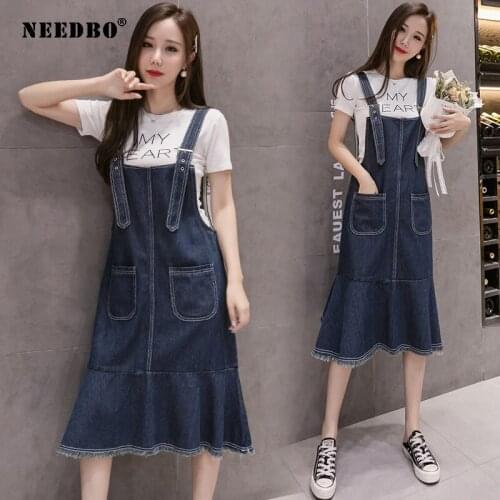 NEEDBO Denim Dress Plus Size 5XL Casual Adjustable Suspenders Jeans Dress for Women 2020 Mid-Calf Vestidos Loose Robe Summer
