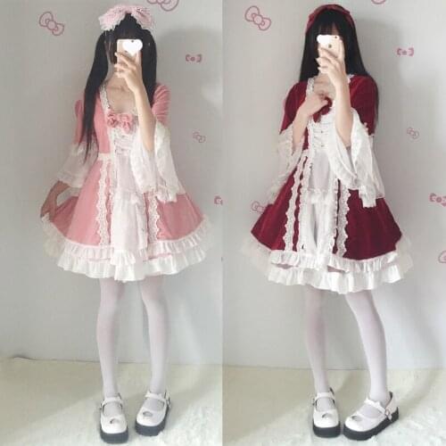 New Girl Lolita European Court Style Retro Doll Ji Sleeve Lace Velvet Dress kawaii clothing fairy kei lolita dress