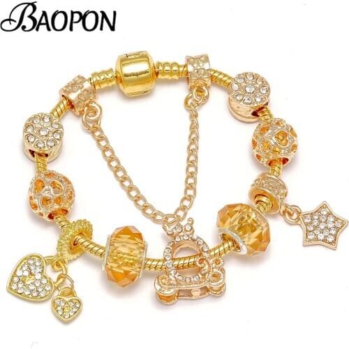 Silver Plated Charm Fine Bracelets With Love Heart & Star Pendant Crown Beads Bracelets For Women Wife Fashion Jewelry Gift