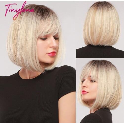TINY LANA Short Bob Wigs Straight Ombre Dark Brown Blonde Synthetic Wigs with Bangs Lolita Cosplay Wigs for Women Heat Resistant