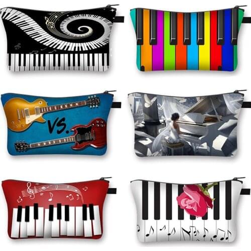 Piano / Guitar Printed Cosmetic Bag Woman Travel Portable Makeup Bags Music Note Lady Storage Bag Cosmetic Case