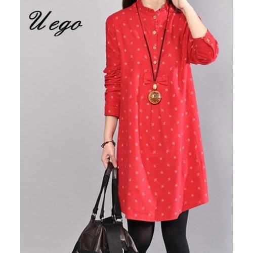 Uego Button Fashion Shirt Blouse Dress Long Sleeve Linen Cotton Autumn Spring Dress Print Floral Bow Women Casual Short Dress