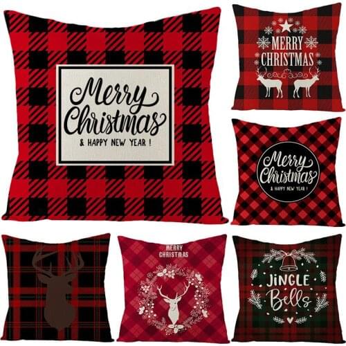 Christmas Tartan Cushion Cover Red Gird Deer Sofa Pillow Cases Bedroom Home Decor Car Office Holiday Decorative Accessories