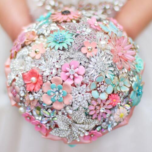Custom made crystal Mint & Coral bridal bouquet, wedding brides brooch bouquet, Floral style, DIY coral wedding decorations
