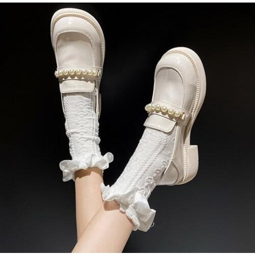 Women Oxford Shoes Crystal Low Heels Patent Leather Casual Shoes Pearls Loafers Black Lolita Platform Slip on Boat Shoes 9317G