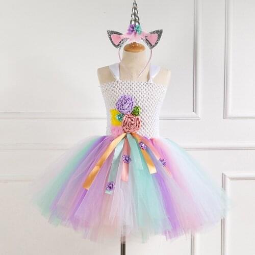 Crochet Ribbons Unicorn Costume For Girls Flower RainbowTutu Dress Kids Dress Ball Gown with Hairbow Children Wedding Party Dres
