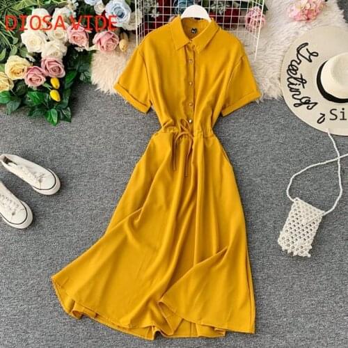 Temperament lapel dress female new Korean fairy super fairy shirt skirt young age sweet waist long dress short sleeve