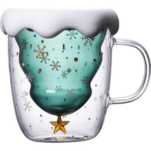 300ML Christmas Tree Mug Lid Snowflake Glass Cup Double Layered Heat-Resistant Coffee Mug Drink Cup Cute for Christmas Gift