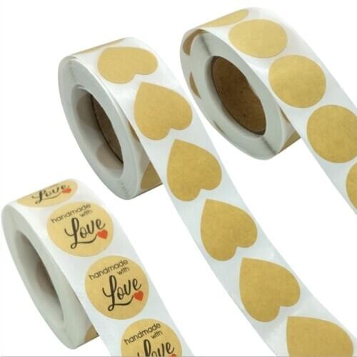 500pcs Kraft Paper Love Stickers Blank Round Heart Shape Stationery Stickers Lables With Red Heart Seal Labels