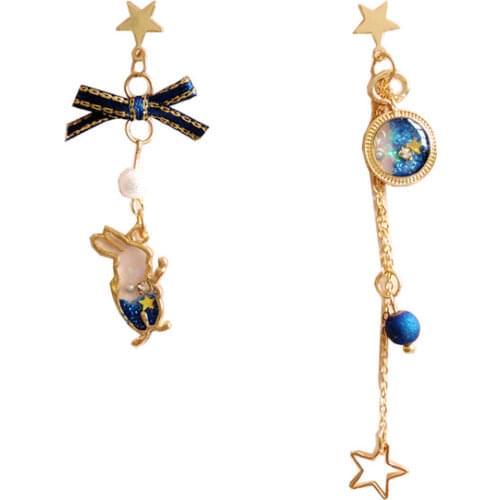Sweet Rabbit Bowknot Asymmetric Clip Earrings for Girls Multi Beads Long Chain Earrings