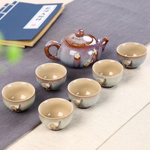 7pcs Tea Sets Creative Hand-painted Retro Relief Exquisite tea set Include 6 cups 1 tea pot Set Kung Fu Tea Cup Unique gift