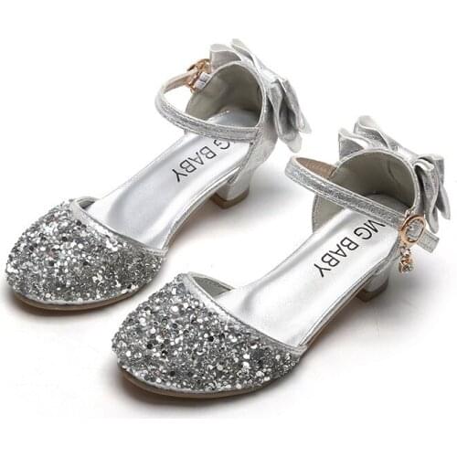 Princess Kids Leather Shoes For Girls Flower Casual Glitter Children High Heel Girls Shoes Butterfly Knot Blue Pink Silver