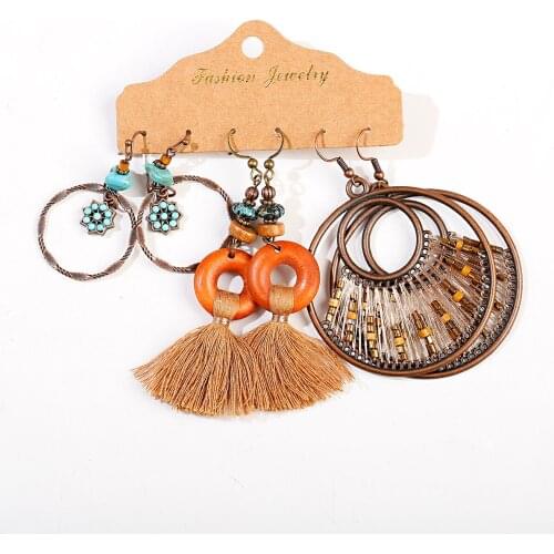Ethnic Metal Tassel Fringe Womens Round Earrings Sets Jewelry Bohemia Vintage Flower Beads Drop Earrings Gift