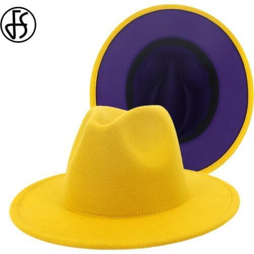FS 60CM Hat Yellow Purple Patchwork Wide Brim Wool Felt Fedora Hats Womens Men Jazz Cap Panama Cowboy Trilby Vintage Hats