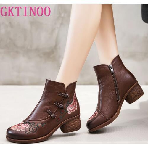 GKTINOO Genuine Leather Shoes Women Boots 2020 Autumn Winter Vintage Handmade Ankle Boots Soft Casual High Heels Shoes Woman
