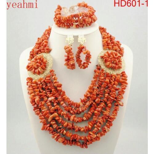 Fashion Chunky Bridal Jewelry Sets Indian Wedding Bib Coral Necklace Earrings Set Dubai Gold Coral Jewelry Set HD601-1