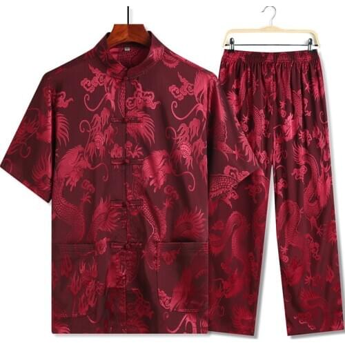 New blue Chinese Mens Tang Suit Sets Short Sleeve Long Pants Dragon Kung Fu Suit Satin Silk Wu Shu Tai Chi Sets Plus Size 4XL