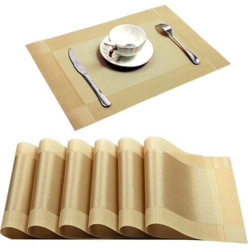 6/4pcs Gold Placemat Washable PVC Dining Table Mats Diagonal frame Teslin Stain-Resistant Cloth Disc Bowl Coaster Non-slip Pad