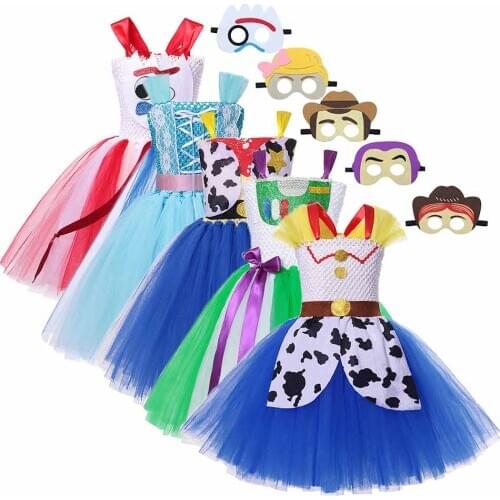 LUCKKIDS Girls Cartoon Bo Peep Costume Kid Role Play Party Ball Gowns Mesh Tutu Dresses Forky Sheriff Buzz Cow Girl