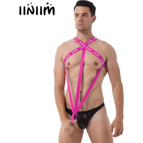 Mens Lingerie Sexy Bodysuit Hollow Out Elastic One-piece Fashion Letter Print Leotard Nightclub Stage Performance Sexy Costume