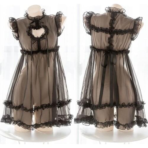 Retro High Neck Super Sexy Lolita Underwear Cosplay Love Hollow Perspective Nightdress Womens Chiffon Lovely Sleevess Dress