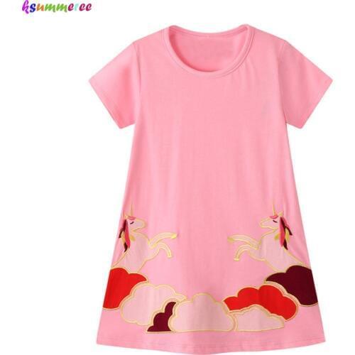 Baby Girl Unicorn Casual Summer Dresses for Children Clothes Kids Short Sleeves Cartoon Dress Toddler 100% Cotton Dress
