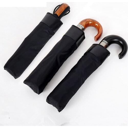 Mens 10K Semi-automatic Three-folding Business Umbrella Wood Grain Hook Handle Outdoor Beach Umbrella Plus Size Black Rain Gear