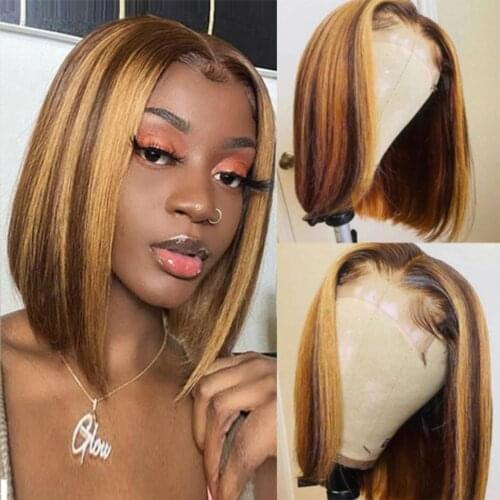 SPARK Highlight Ombre Bob Peruvian Straight T Part Remy 4x4 Lace Closure Human Hair Wigs Transparant Lace Frontal Short Bob Wig