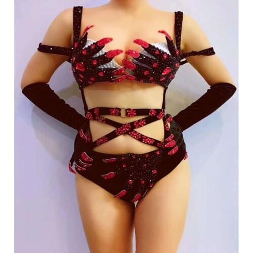 Rhinestones Nightclub Bodysuit Women Stretch Sexy Leotard Celebration Performance Jazz Dancer Costumes Pole Dance Outfits