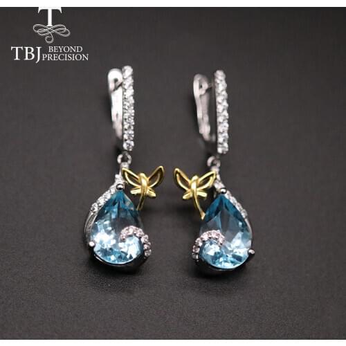 TBJ,New Butterfly design clasp earring natural brazil 10ct sky blue topaz red mozambique garnet gemstone fine jewelry for women