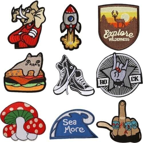 High quality patch mushroom sea wave rocket cat elephant animal embroidery iron on patches badge clothing bag decoration