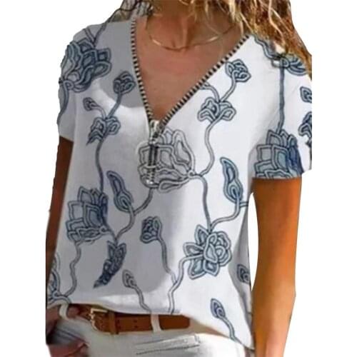 Summer Top T-shirt Casual Floral Print Loose Women Zipper V Neck Short Sleeve Top Zipper V Neck Short Sleeve Women T-shirt