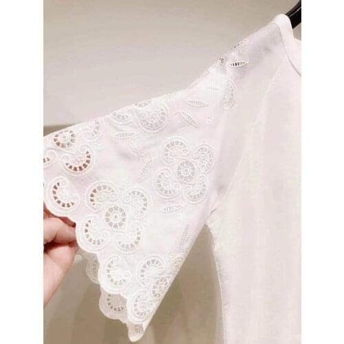 2021 Spring and Summer New Temperament Simple Embroidery Hollow Trumpet Sleeve Round Neck T-shirt Women