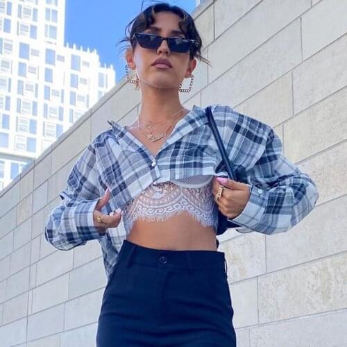 High Street Women T-shirt Plaid Print T-shirts Fashion Turn-down Collar Long Sleeve Loose Short Sexy Tops Cardigan Women Autumn