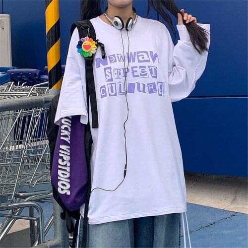 Women Letter Print T-shirt Streetwear Long Sleeve Cotton Autumn Female T Shirt Vintage Tee Tops Casual White High Street Tees