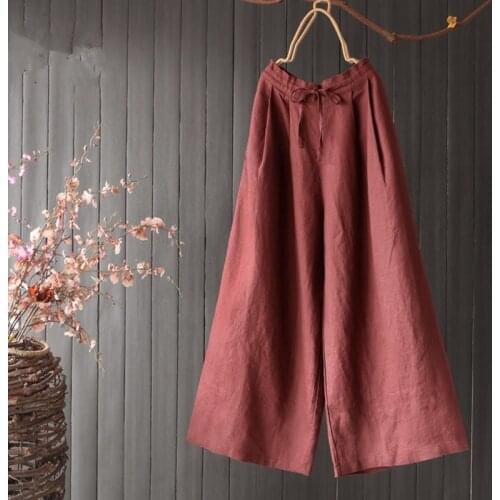 Womens Clothing 2021 Literary Flat-waist Lace-up Trousers Summer Casual Plus Size Pants for Women Retro Linen Wide-leg Pants