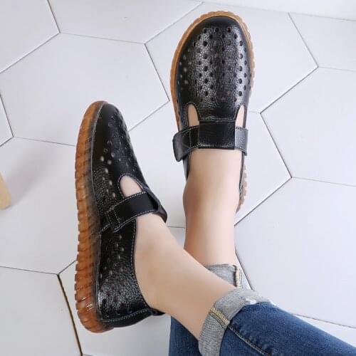 Tilocow Genuine Leather Women Flat Shoes Summer Casual Female Loafers Hook & Loop Ladies Flats Shoes Woman
