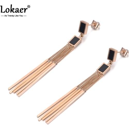 Lokaer Black Square Stainless Steel Tassel Earrings Rose Gold Color Jewelry Hyperbole Punk Style Women Gift E18107