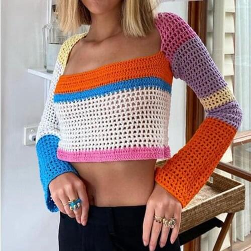 Women Crochet Knit Crop Tops Y2K Long Sleeve Color Block Hollow Out Regular Fit Sweaters Vest Tops Streetwear