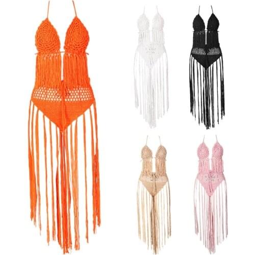 Women Sexy Hand-woven Swimsuit Set Knitted Swimwear Crochet Summer Beach Dress Tassel Bathing Suit