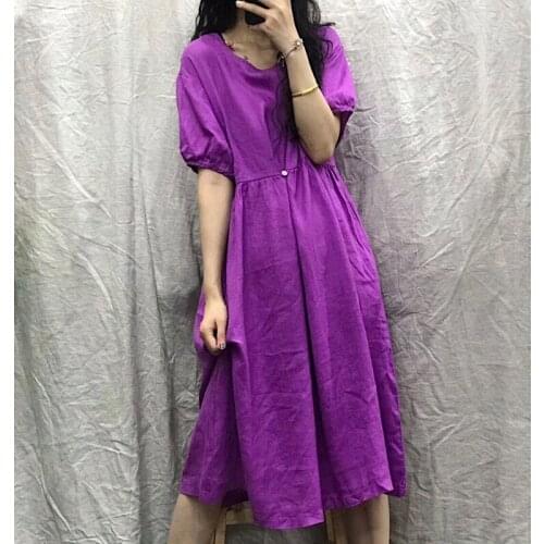 Women Linen Dress Ladies Solid Color Summer Flax Dresses Female 2020 Vintage Retro Dress