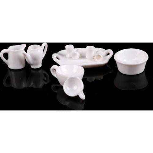 10pcs/set white Doll house Miniature 1:12 Porcelain Tableware Teapot Coffee Cups Saucer Tray Plate Tea Set Pot Kitchen decor
