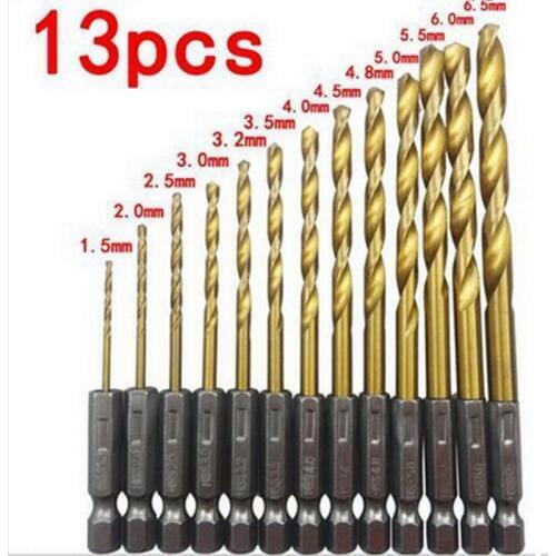 13PCS 1.5mm-6.5mm HSS4241 Titanium Coated Electric Screwdriver Bits High Speed Steel Twist Drill Hexagonal Handle Bit Set