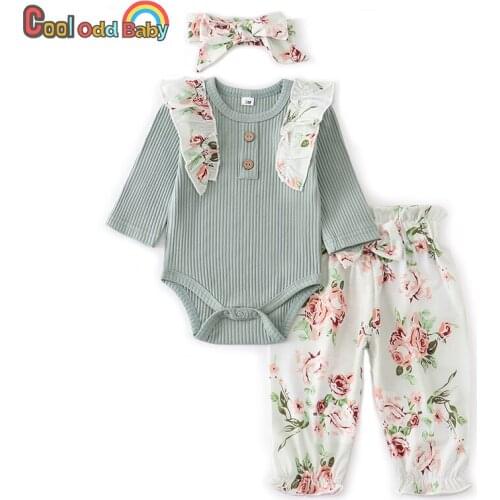 3Pcs/Set Baby Girl Clothes Winter and Autumn Newborn Infant Clothing Green Romper Tops Cute Flower Print Pants+Headband Outfits