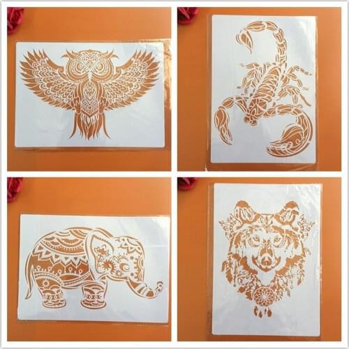 4pcs/set A4 Animals Mandala Stencils Painting Coloring Embossing Scrapbook Album Decorative Template cake stencil crafts books